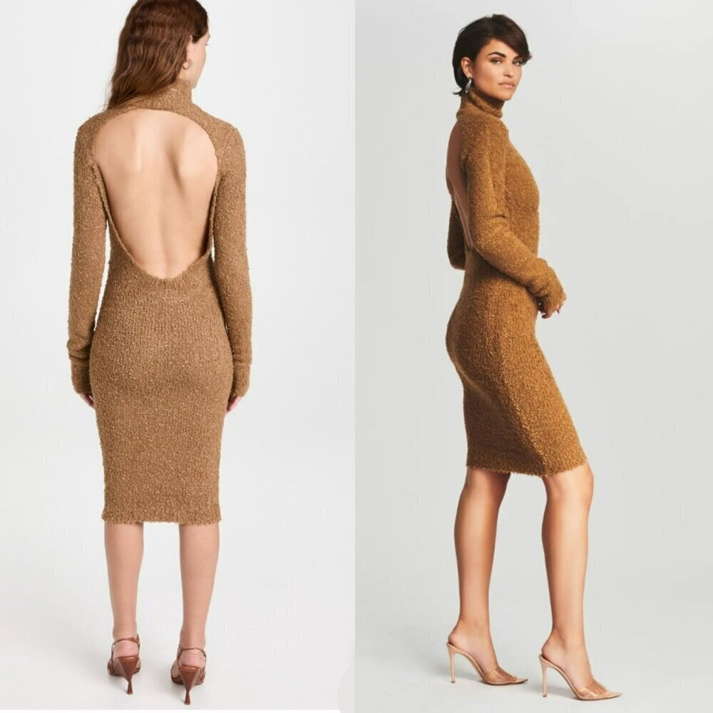 NEW Ser.O.Ya Brown Starling Boucle Dress Turtleneck Teddy Open Back Long Sleeve